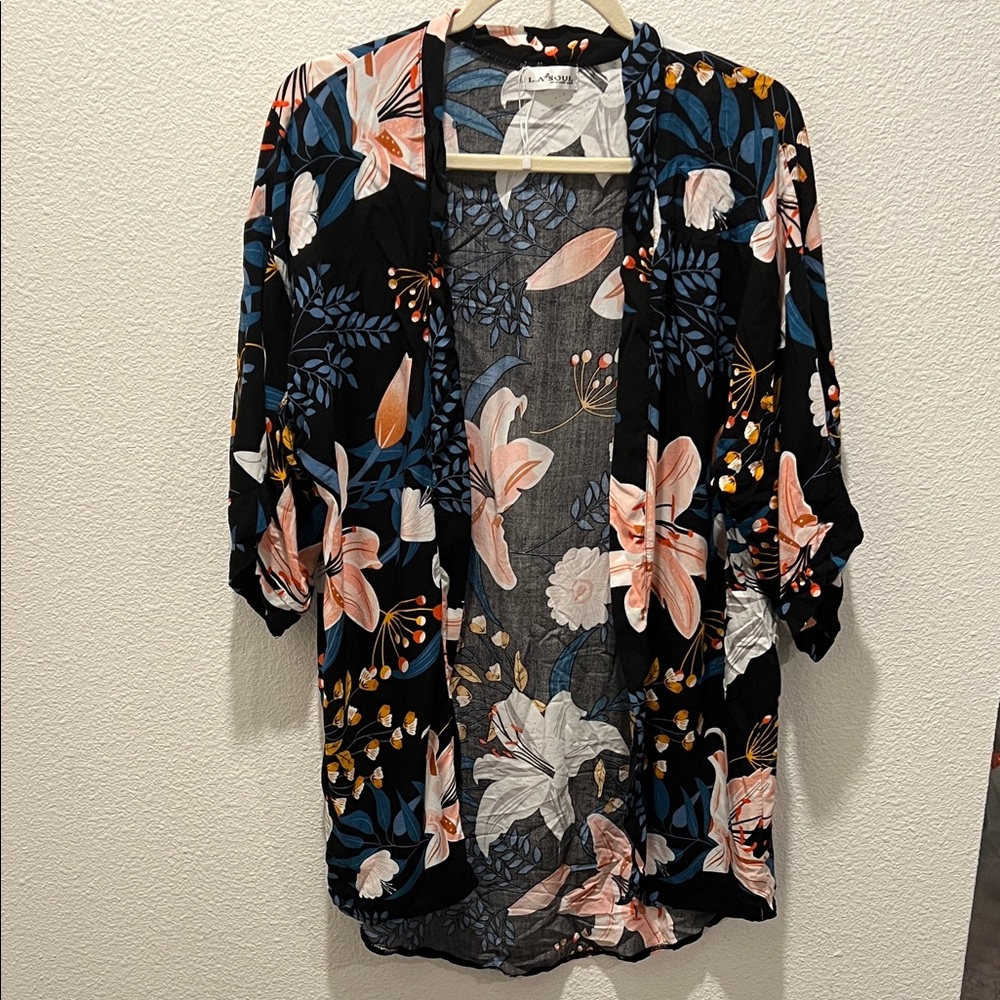Floral Open-Front Blouse in Black and Pink
